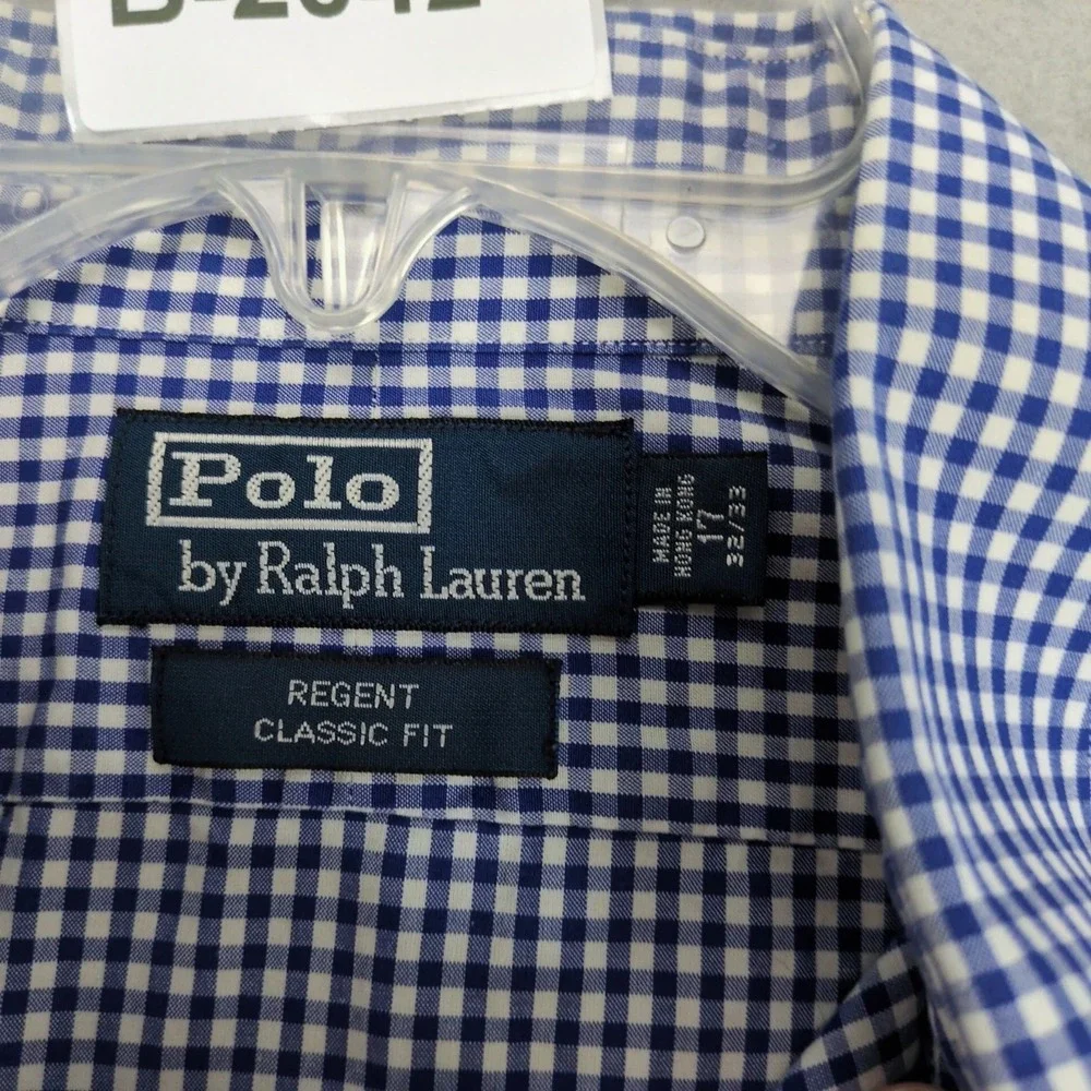 Vintage 90s Polo Ralph Lauren Regent Classic Fit Men 17 Blue Gingham Dress Shirt